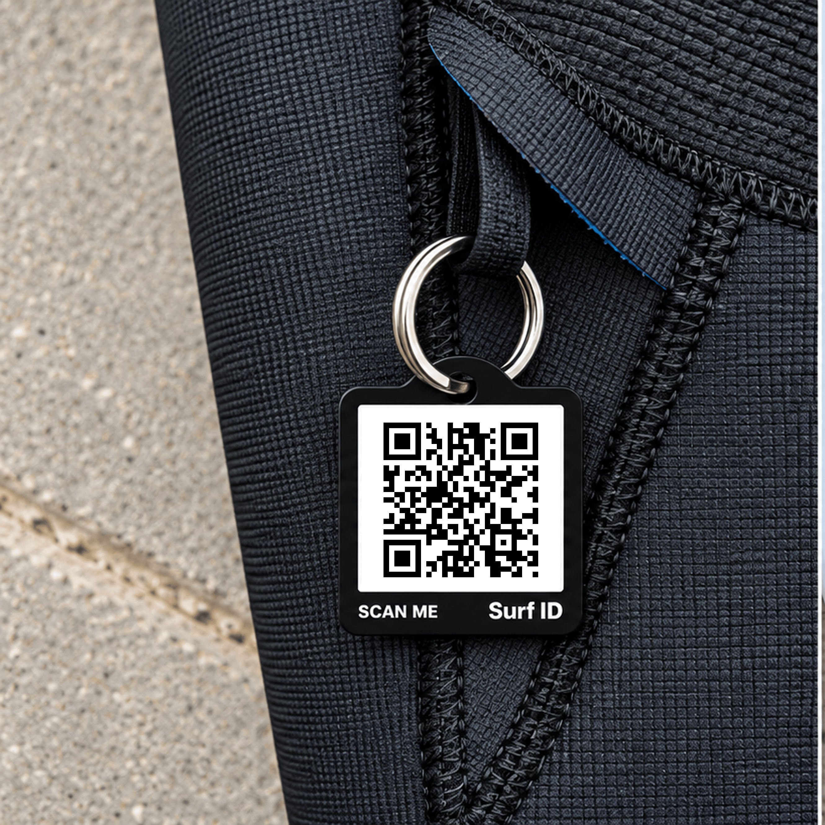 A Surf ID tag clipped to the zipper pull of a black wetsuit.